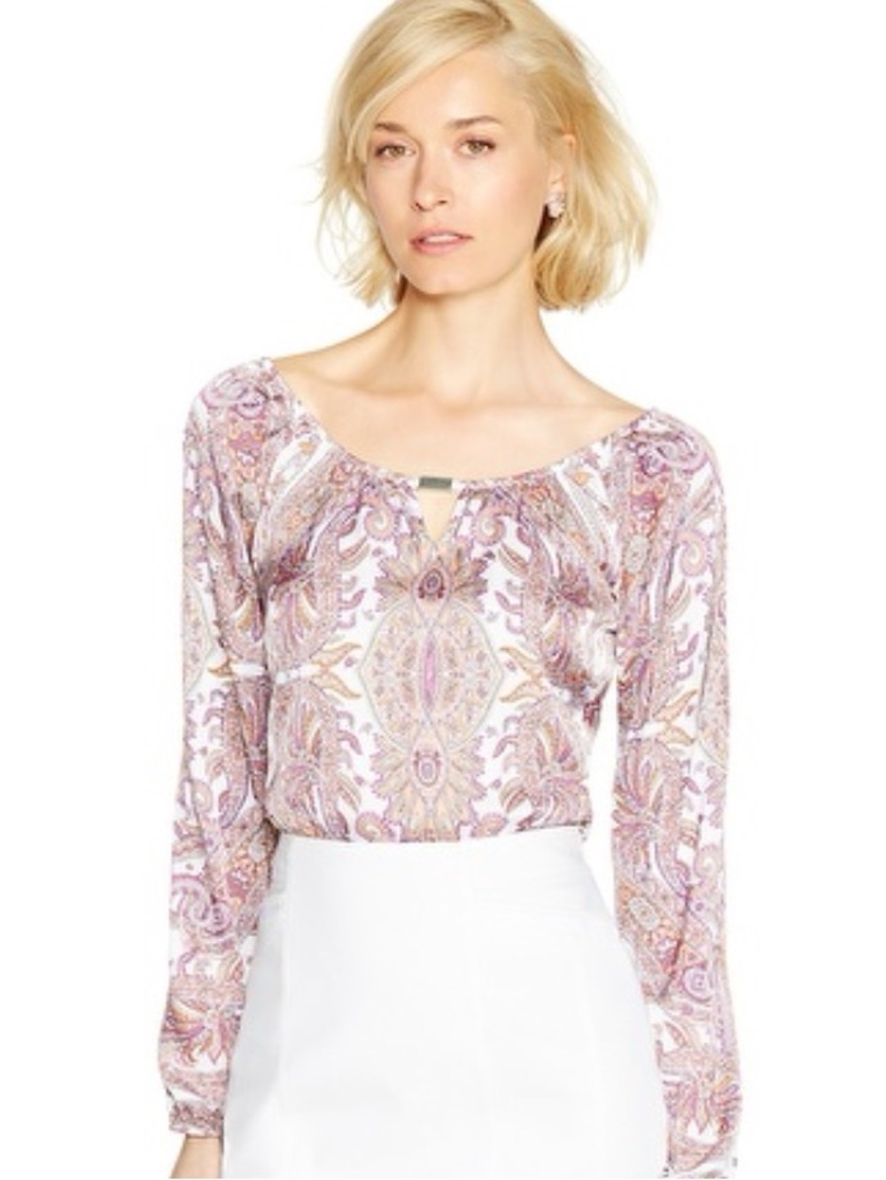 White House Black Market Pink & Purple Paisley Blouse